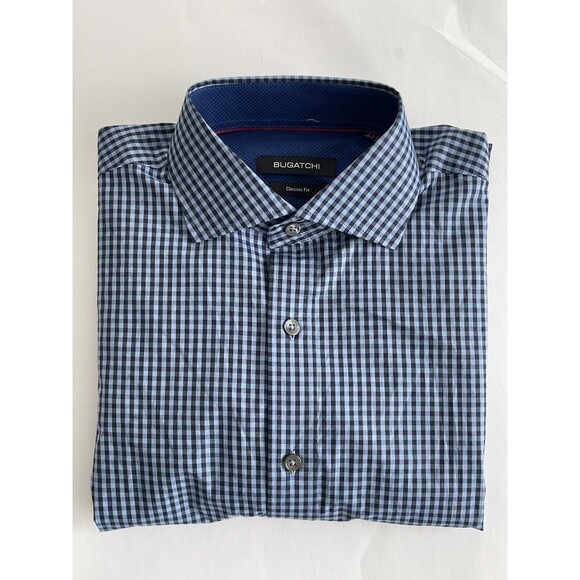 NEW BUGATCHI CASUAL SHIRT CLASSIC FIT SIZE M 100% COTTON BLUE PLAID (CO- 40) - Picture 4 of 5